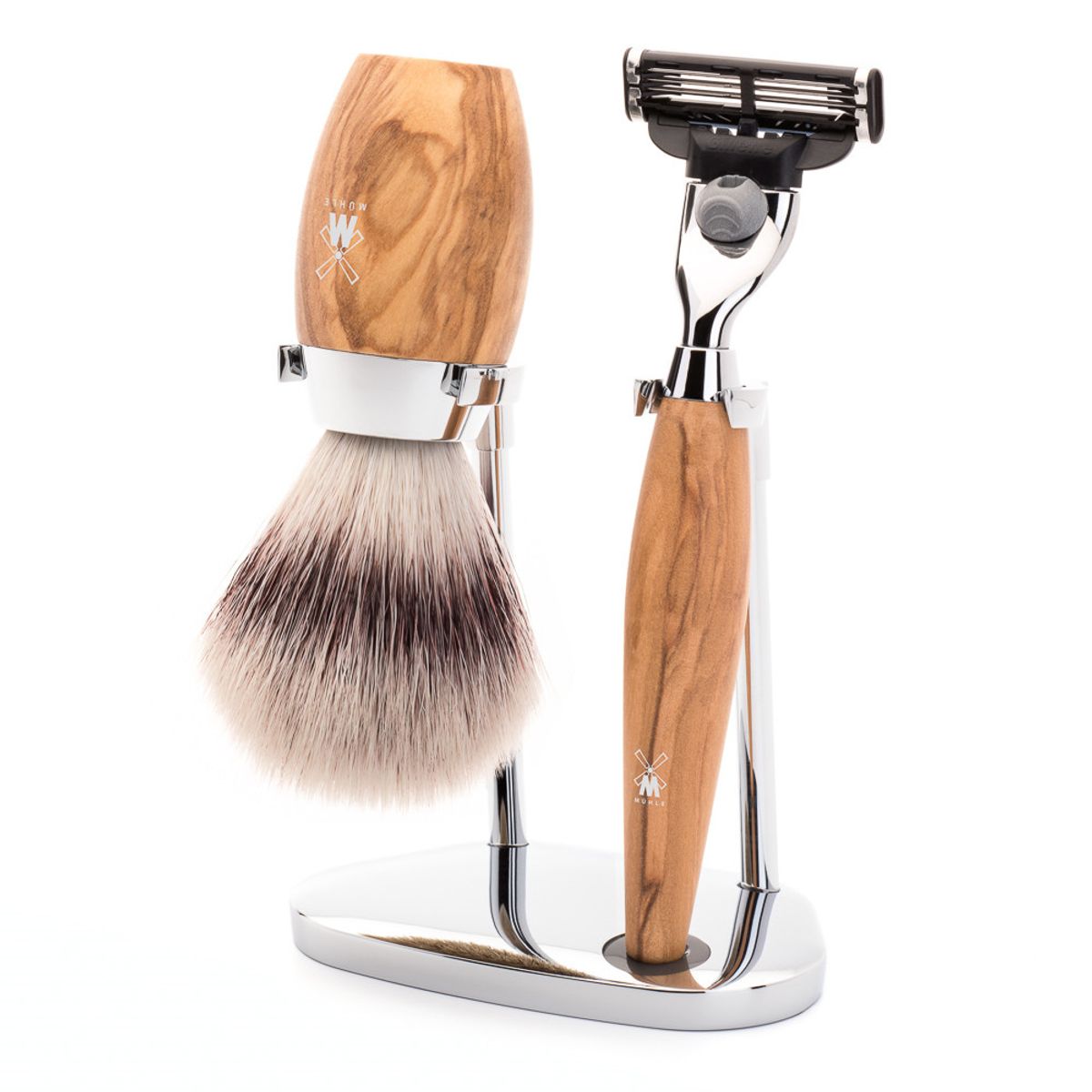 Mühle barbersæt med Mach3 Skraber, Børste og Holder, Kosmo, Oliventræ