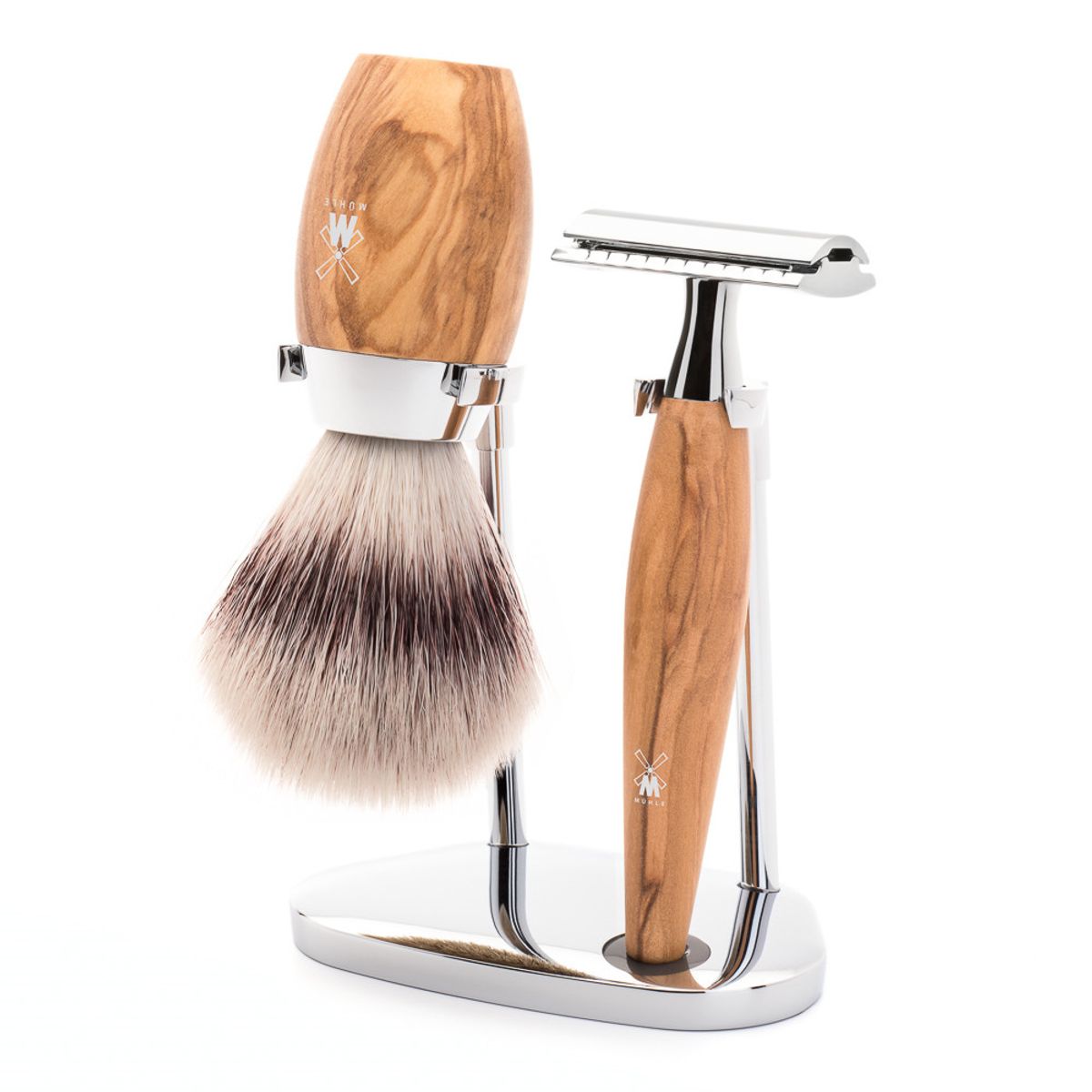 Mühle barbersæt med DE-skraber, Barberkost og Holder, Kosmo, Oliventræ