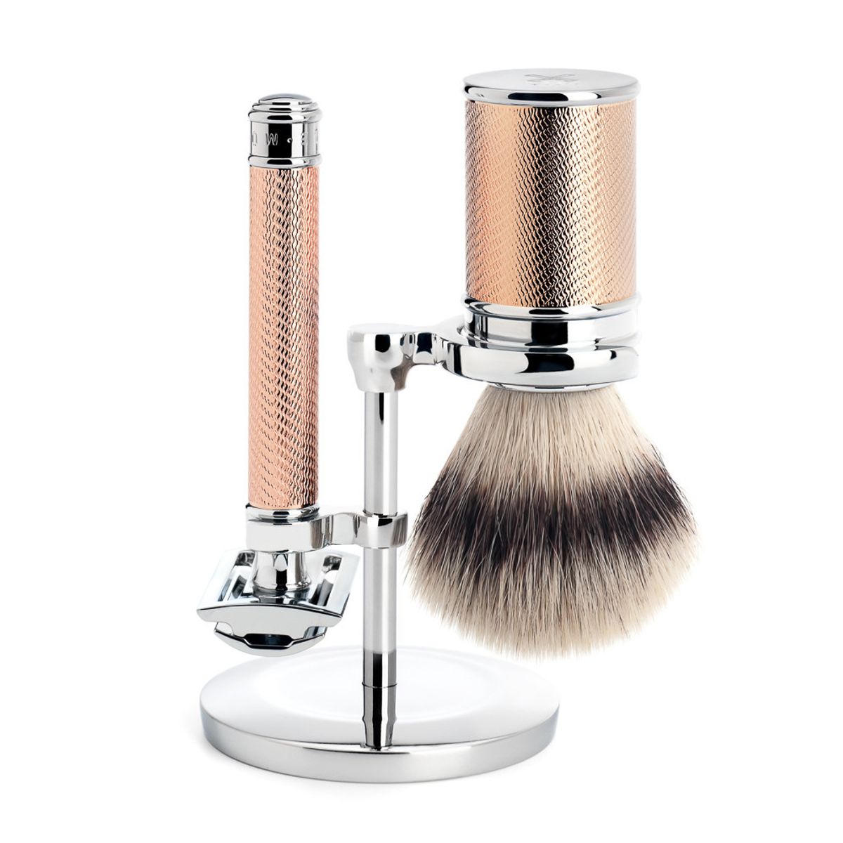 Mühle Barbersæt med DE-skraber, Fibre Barberkost og holder, Traditional, Rosegold