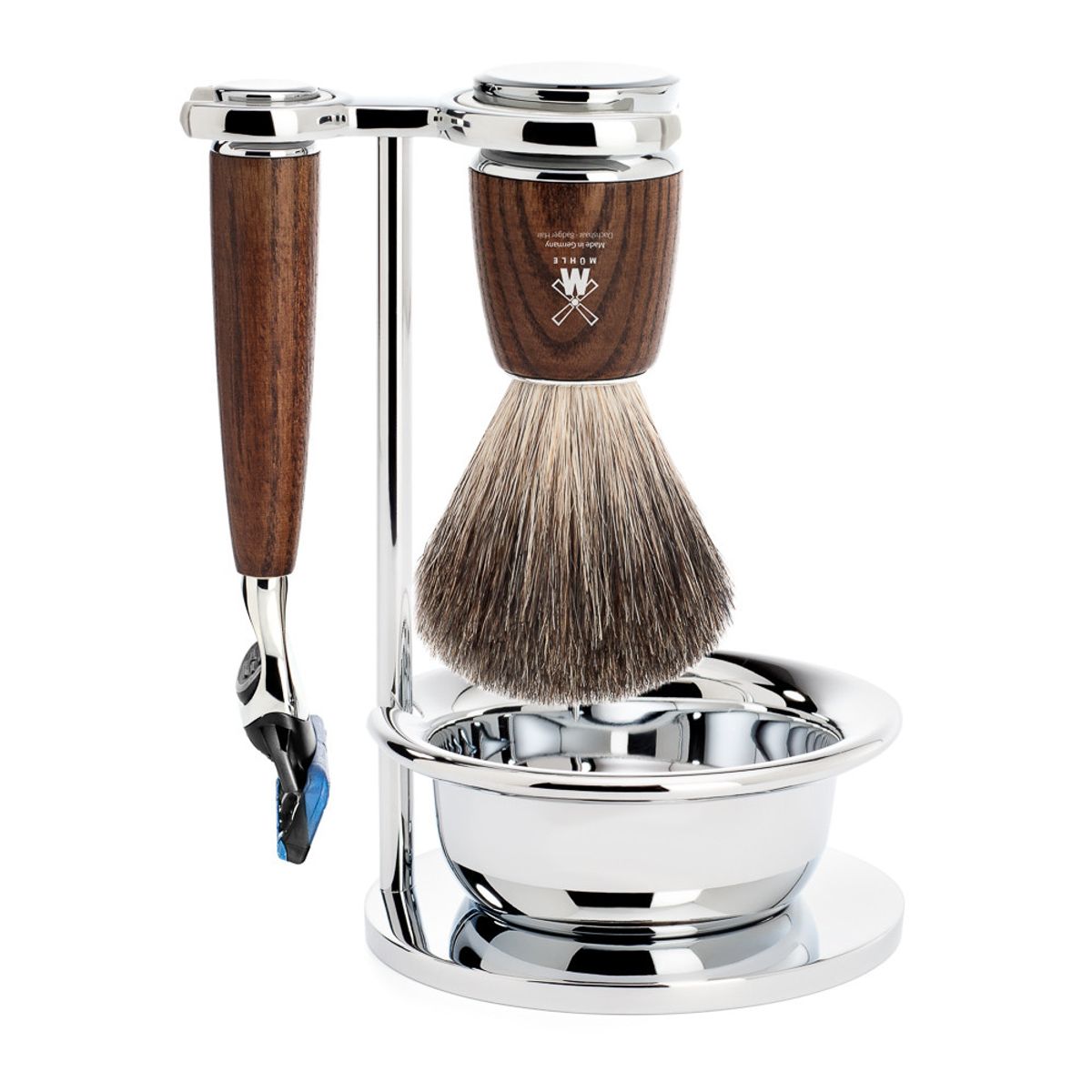 Mühle Barbersæt med Skraber, Barberkost, Holder og Skål, Rytmo, Ask