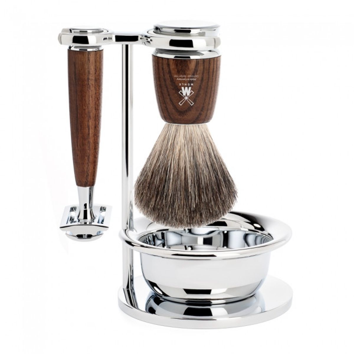 Mühle Barbersæt med DE-skraber, barberkost, holder og skål, Rytmo, Ask