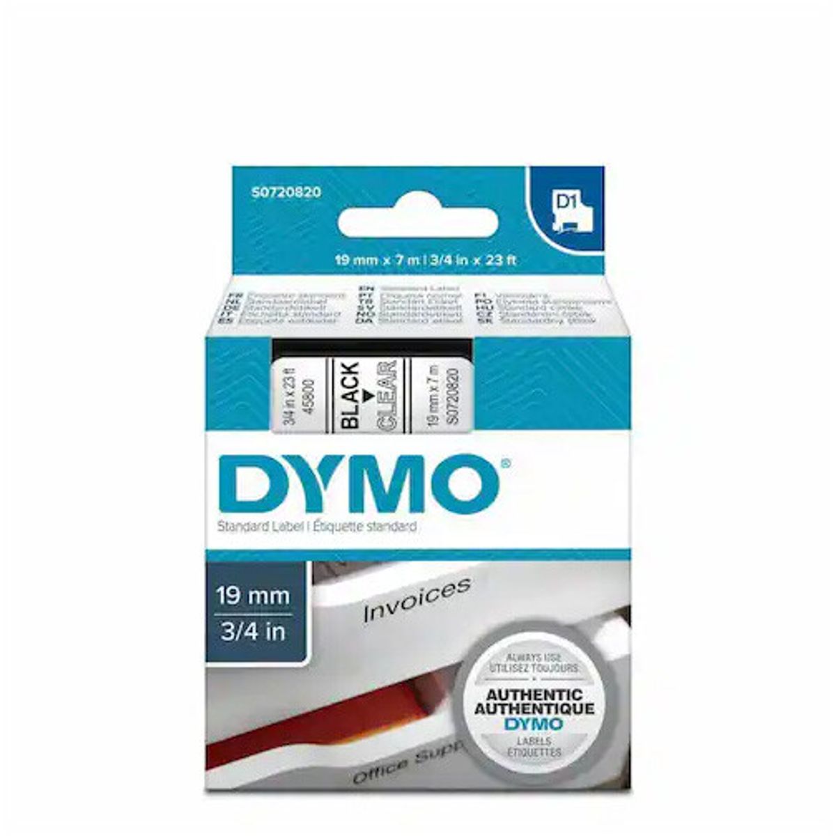 Dymo D1 labeltape, 45800 - 19 mm 7m Sort/klar