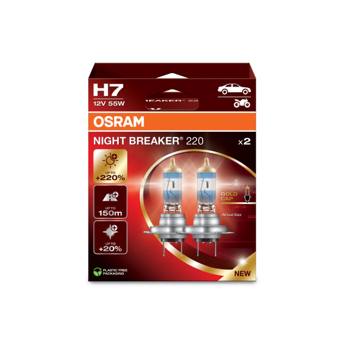 Osram Night Breaker ® 220, H7 pærer +220% mere lys (2 stk)