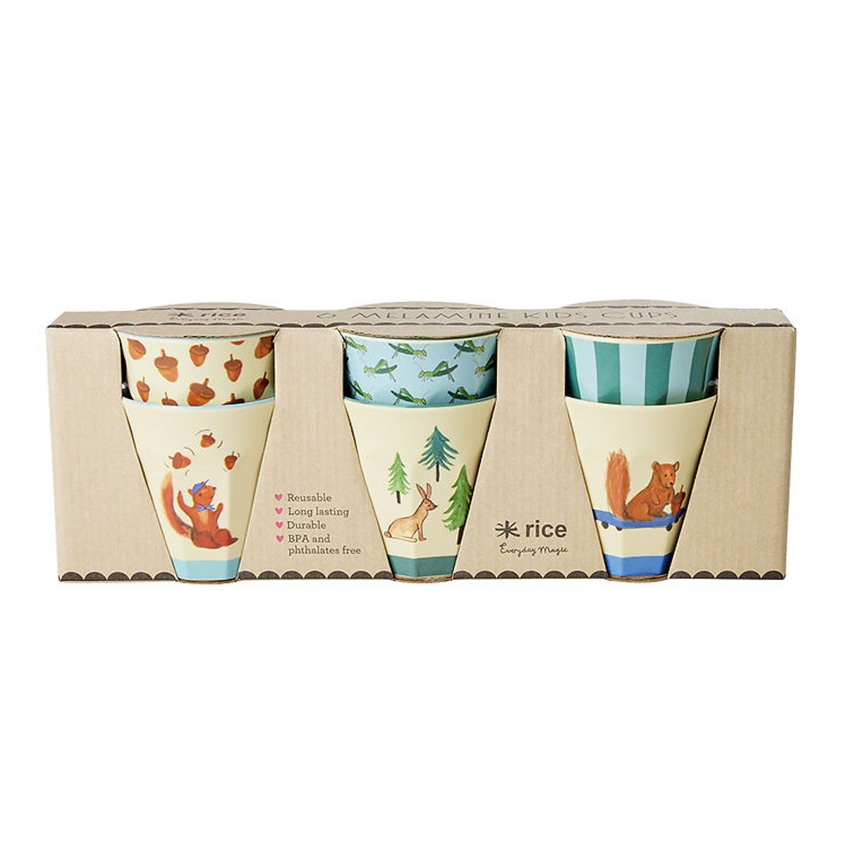 Rice Kopper - Melamin - 6 stk. - 160 ml - Blå/Happy Forest Print