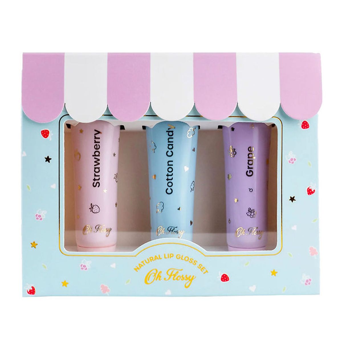 Oh Flossy Lip Gloss - 3-pak - Jordbær/Candyfloss/Grape