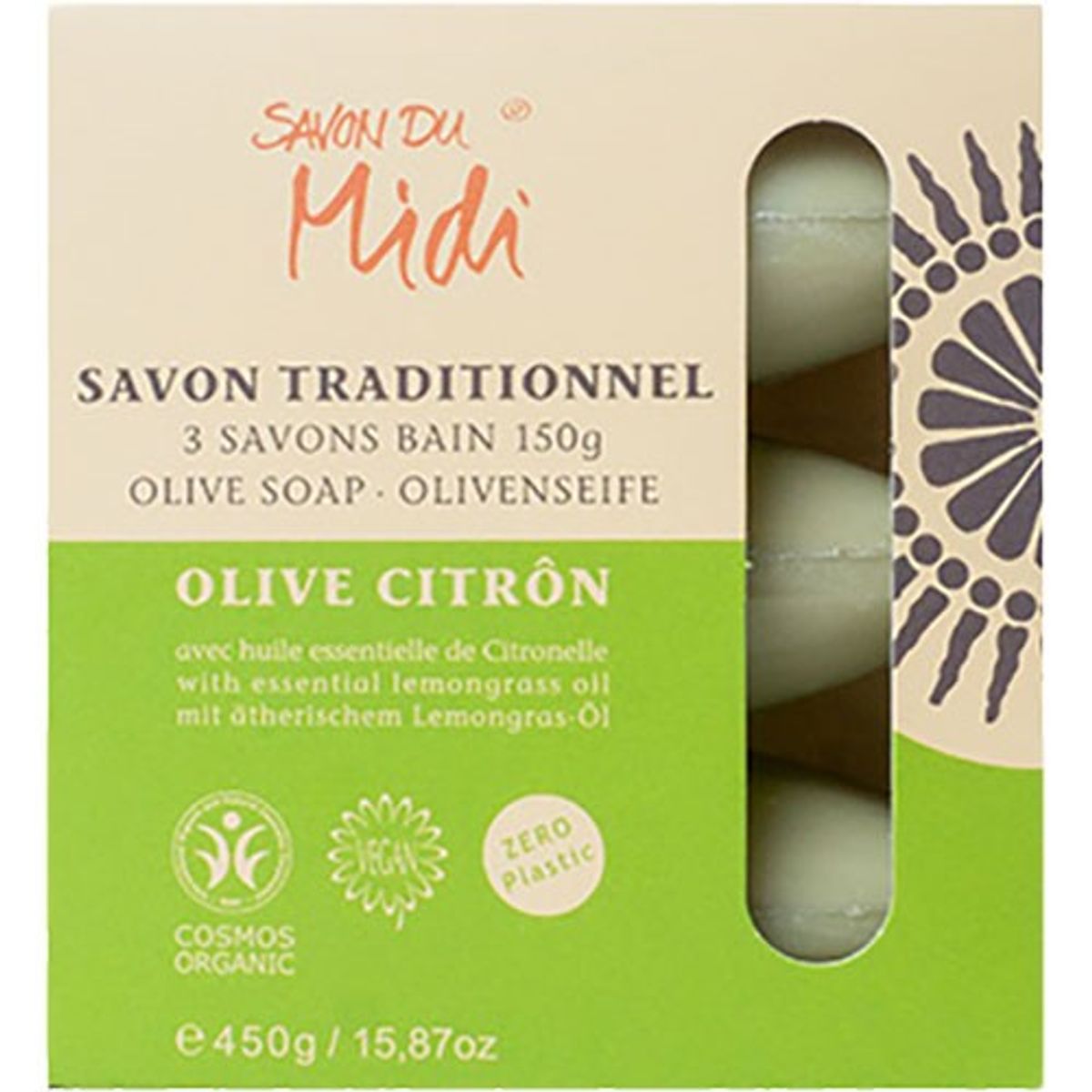 Olivensæbe med citrongræsolie - Savon du midi Økologisk - 450 gram