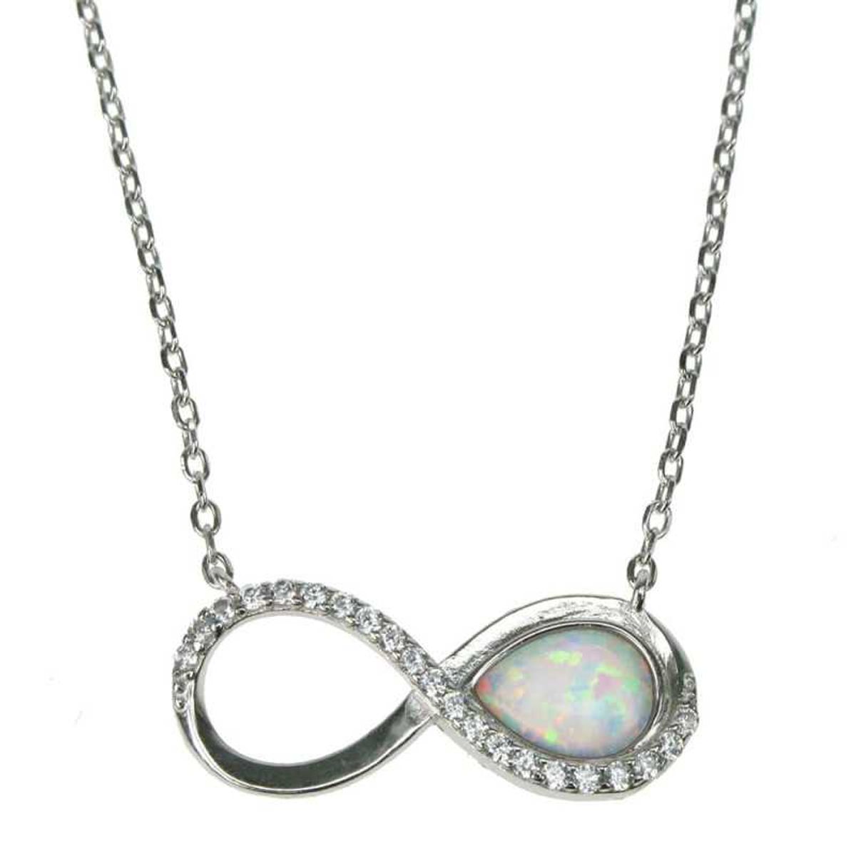 Uendelighed Symbol med Halskæde (38 cm) + Opal vedhæng med sne (hvid) opal sten, 925 Sterling sølv, zirkonia & rhodium belægning