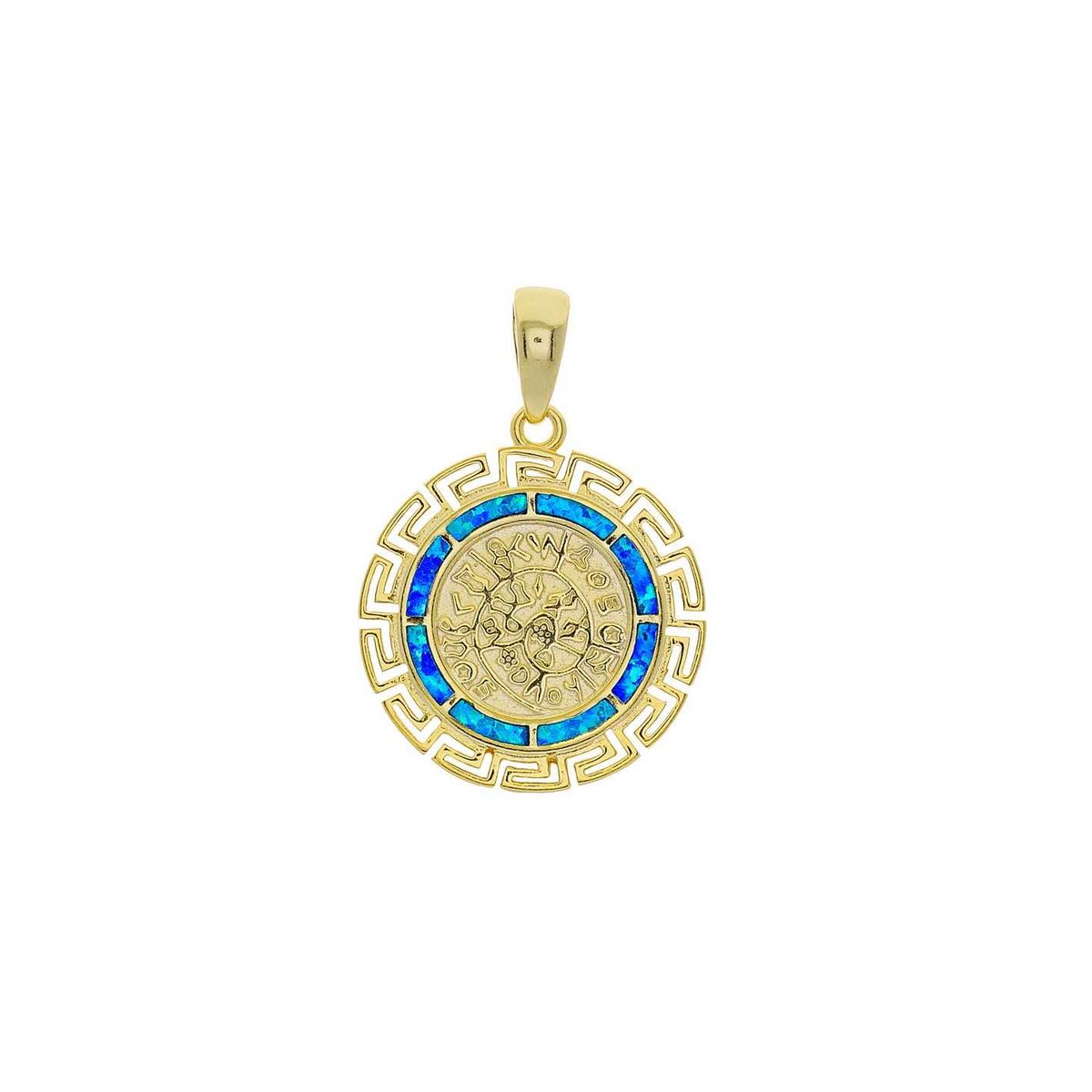 Phaistos Disc / Gaia - Smykke vedhæng med blå opal sten, 925 Sterling sølv & guldbelægning