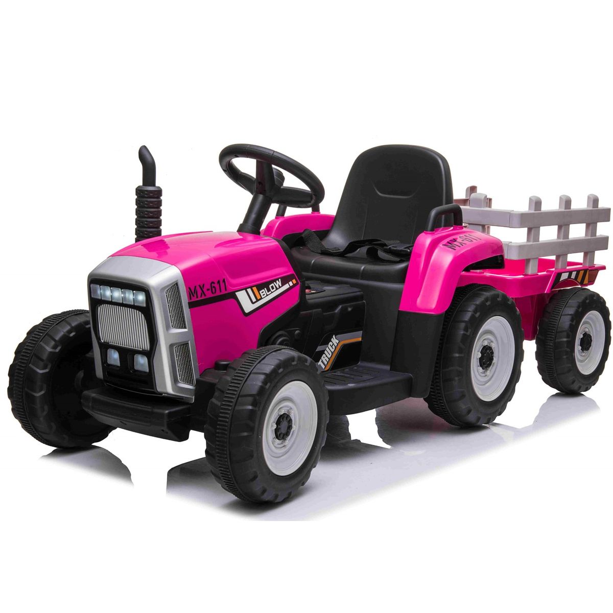 EL Traktor med anhænger Pink 12V m/2.4G, Kunstlædersæde, Gummihjul