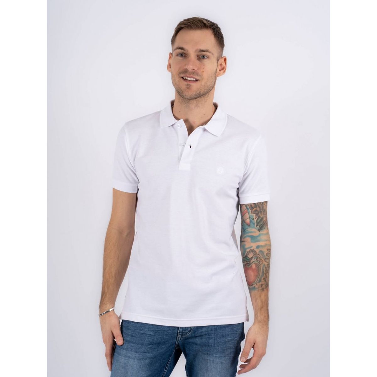 Marcus - Klassisk ensfarvet polo med broderet logo, hvid - Herre - Small