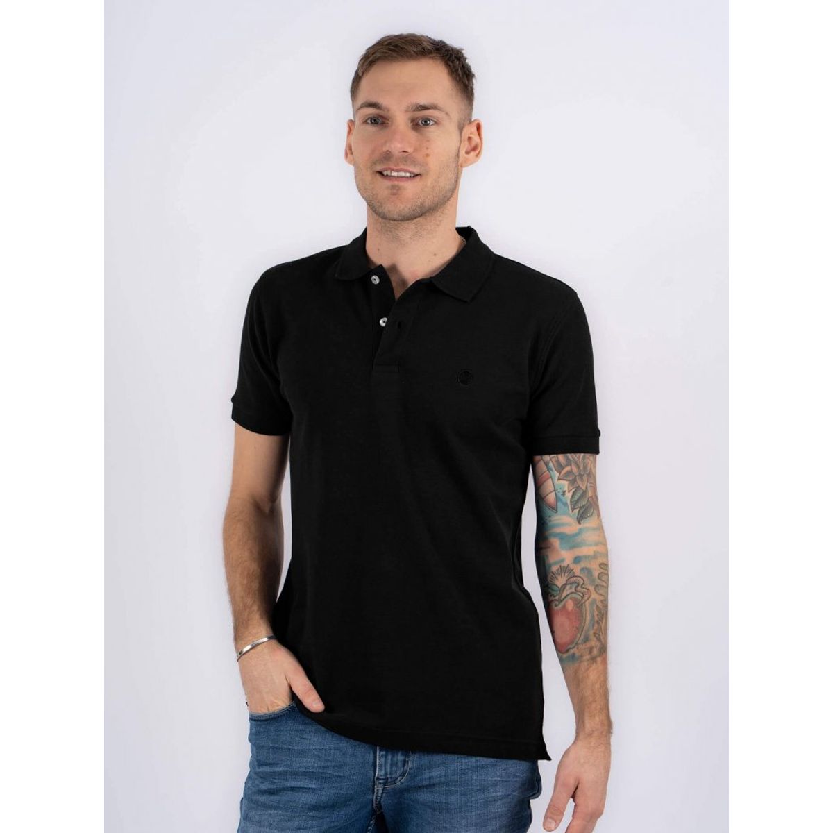 Marcus - Klassisk ensfarvet polo med broderet logo, sort - Herre - Large