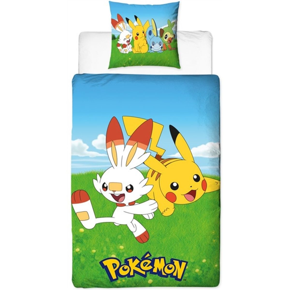 Pokemon sengetøj - 140x200 cm - Pikachu og Scorbunny - 2 i 1 sengesæt - Dynebetræk i 100% bomuld