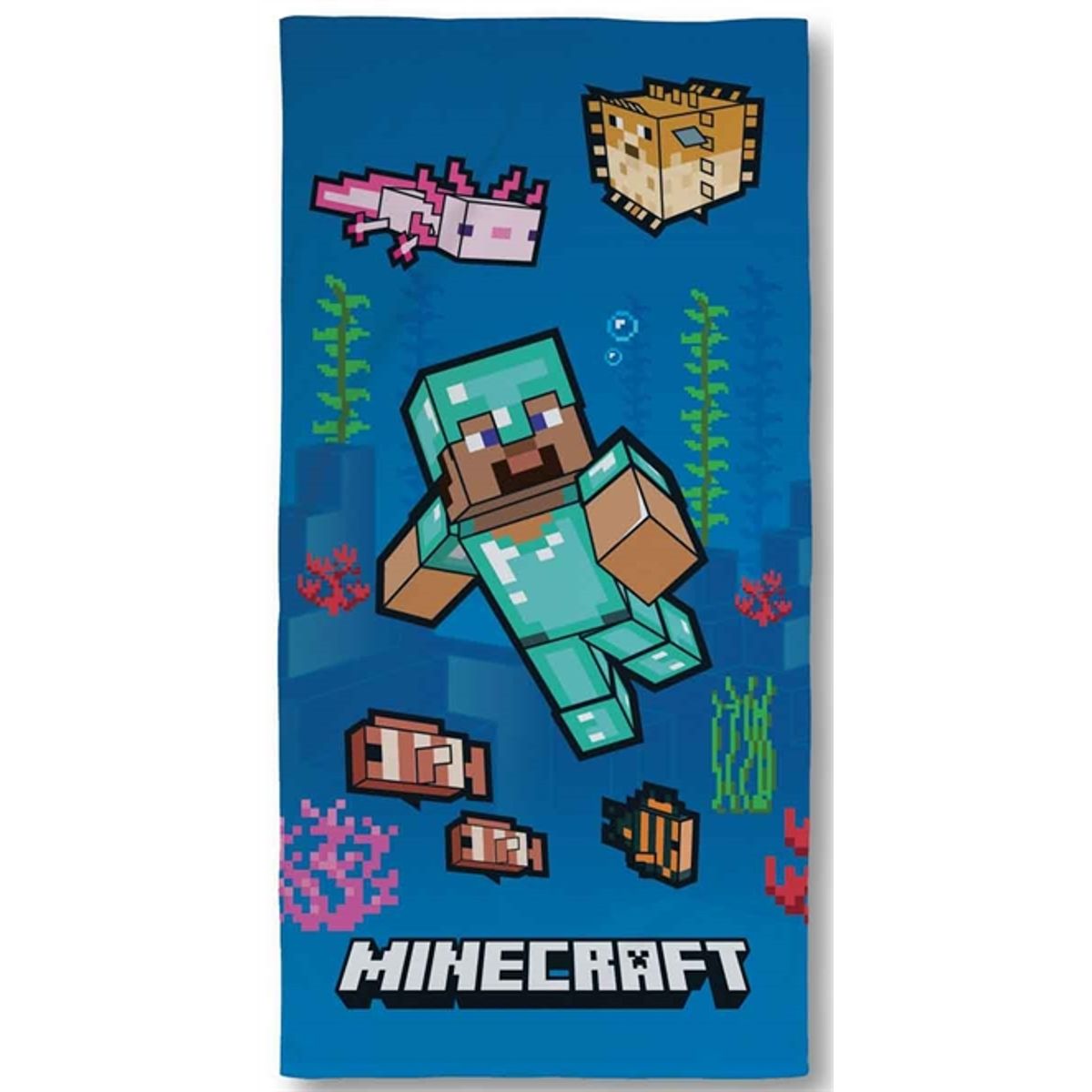 Minecraft badehåndklæde - 70x140 cm - Blå børnehåndklæde med Minecraft figurer - 100% Bomuld