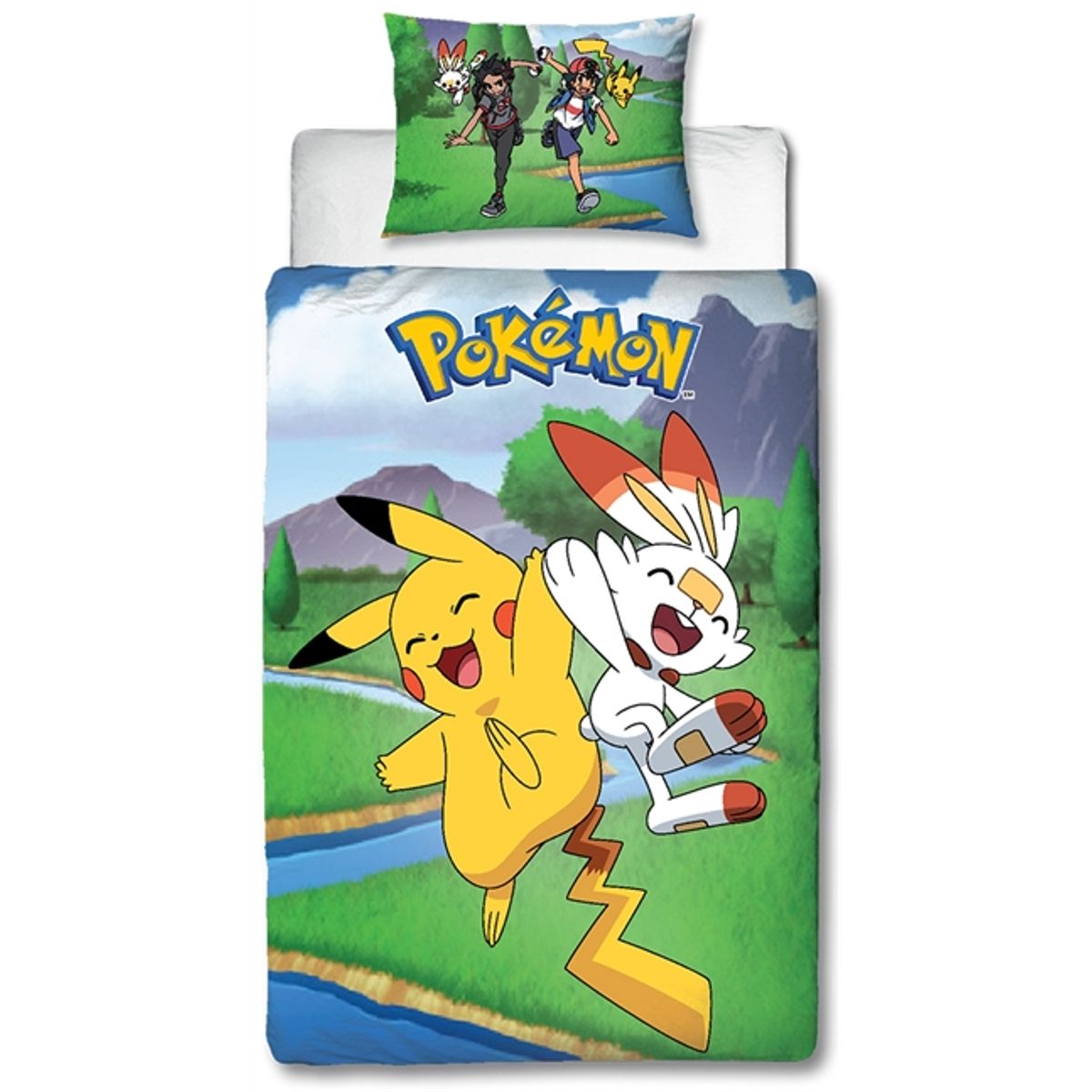 Pokemon sengetøj - 140x200 cm - Scorbunny, Hau, Pikachu og Ash - 2 i 1 sengesæt - Dynebetræk i 100% bomuld