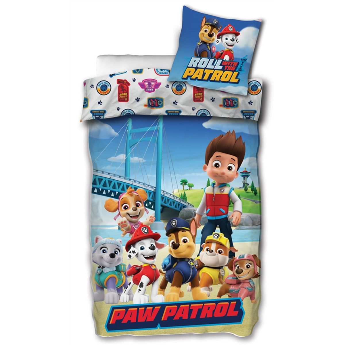 Paw Patrol sengetøj - 100% blødt bomuld - 140x200 cm - Dynebetræk Roll with the Patrol - 2 i 1 design sengesæt