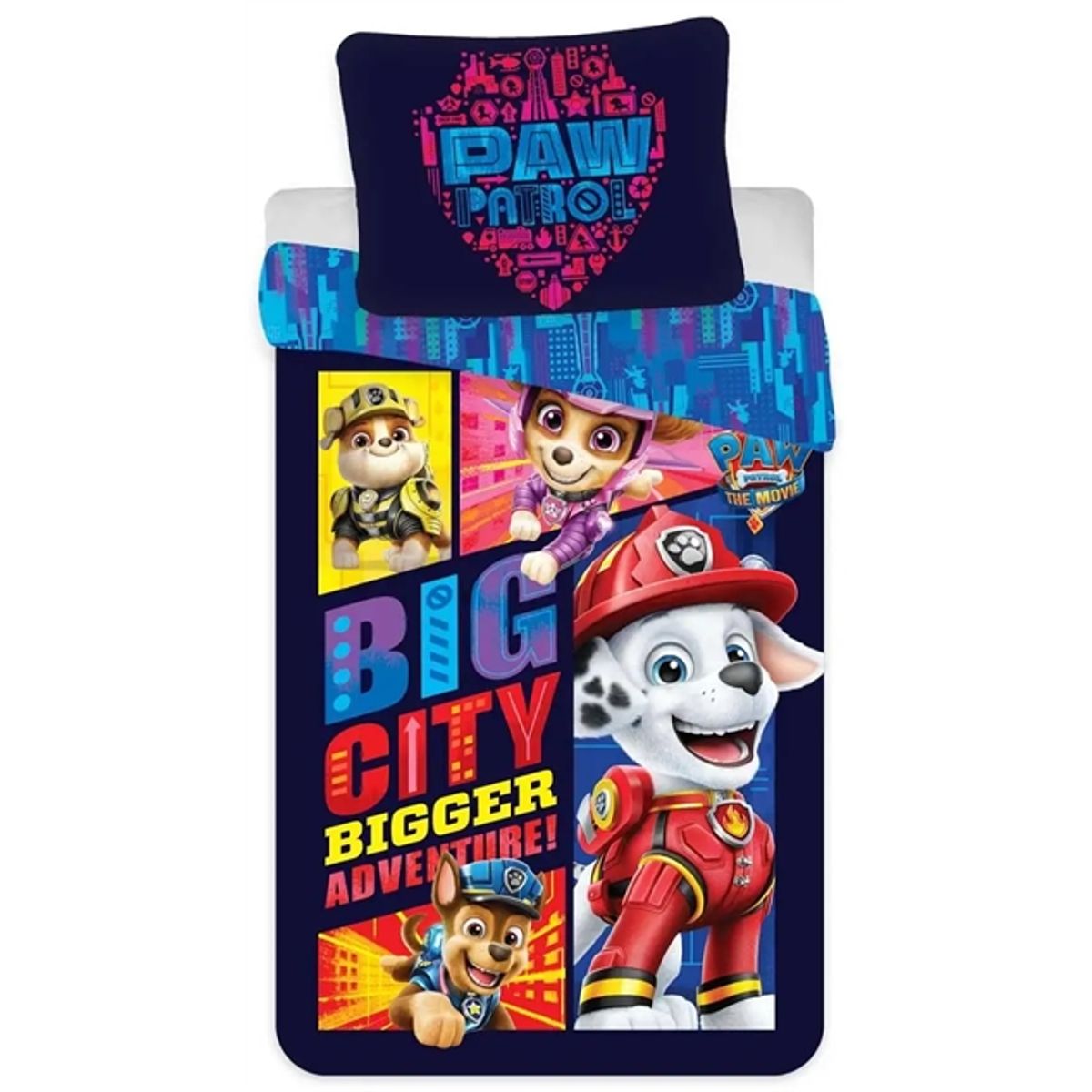 Sengetøj 150x210 cm - Paw Patrol The Movie - 2 i 1 sengesæt - Dynebetræk i 100% bomuld