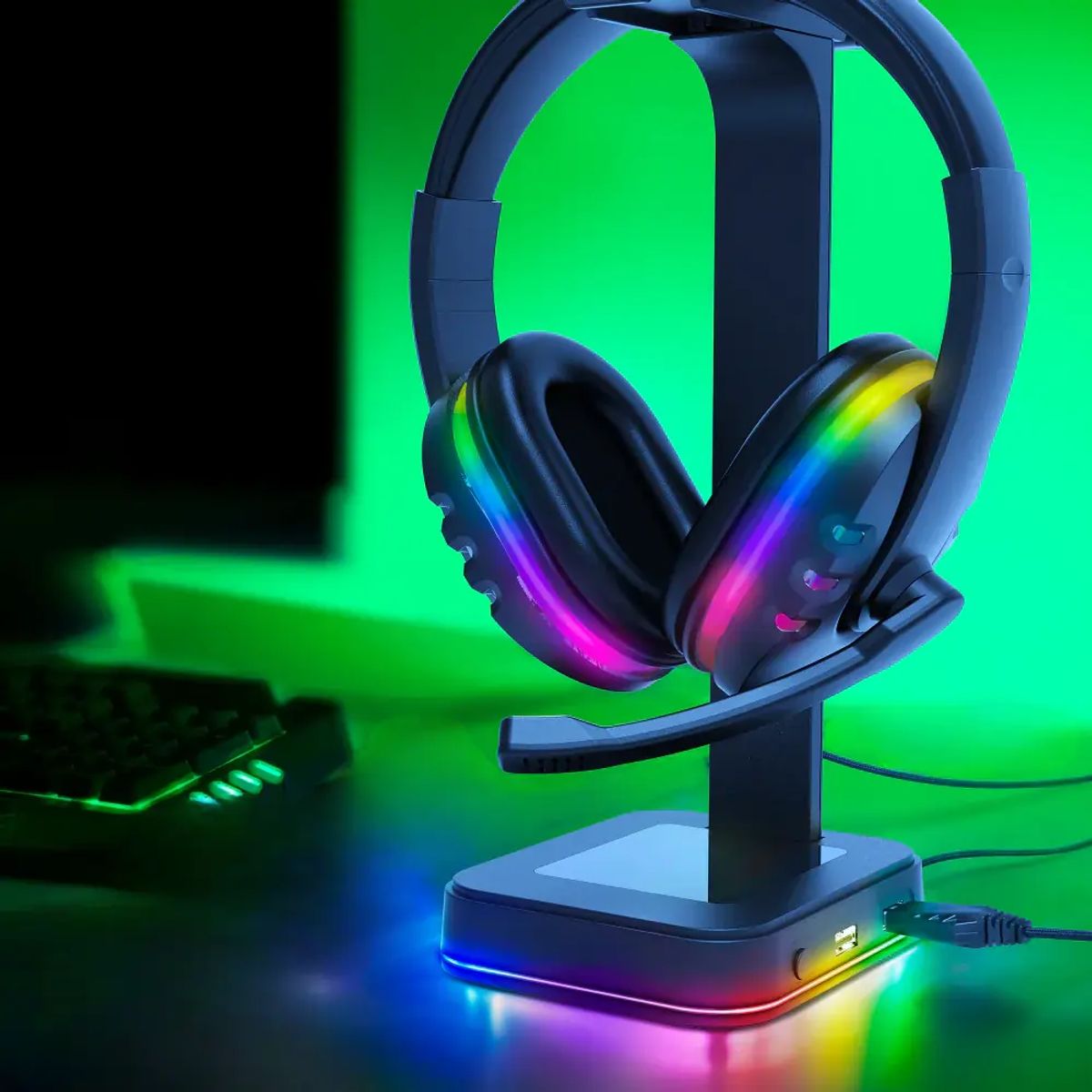 RGB Gaming Headset Stativ - 2 USB Porte - Justerbar Lys - SPACEBOX