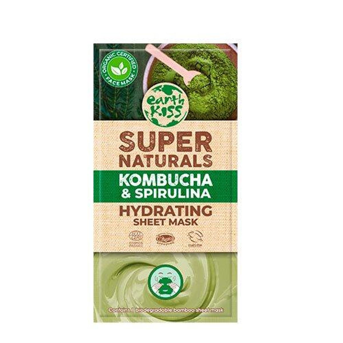 Earth Kiss Ansigtmaske Kombucha & Spirulina Sheetmask Super Naturals, 10g.