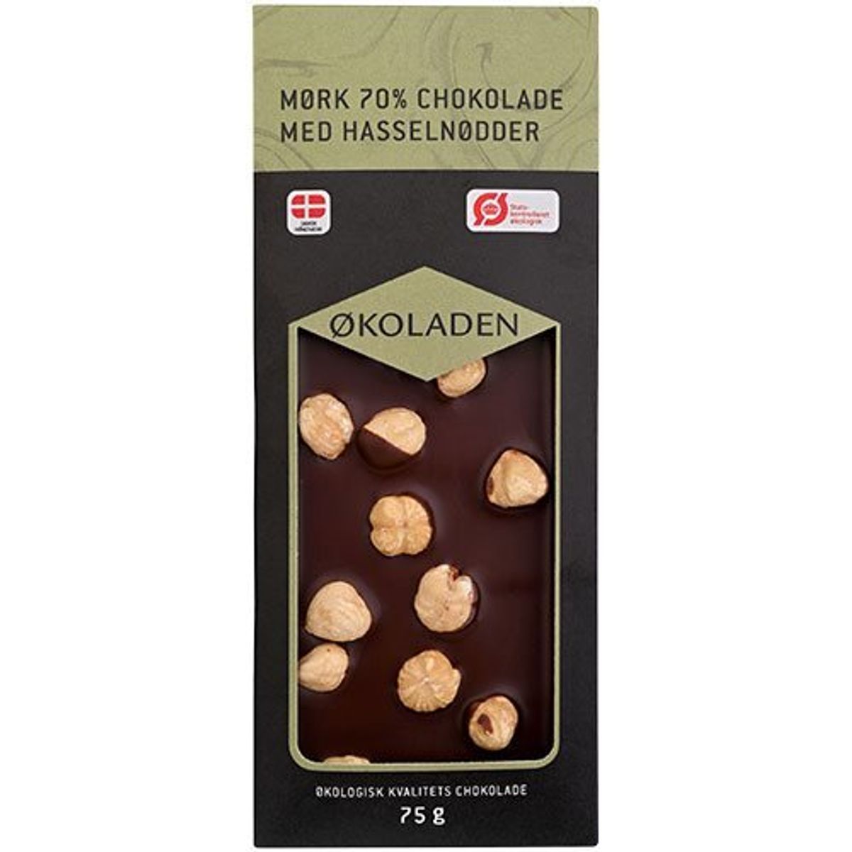 Økoladen Mørk 70 % chokolade m. hasselnødder Ø, 75g