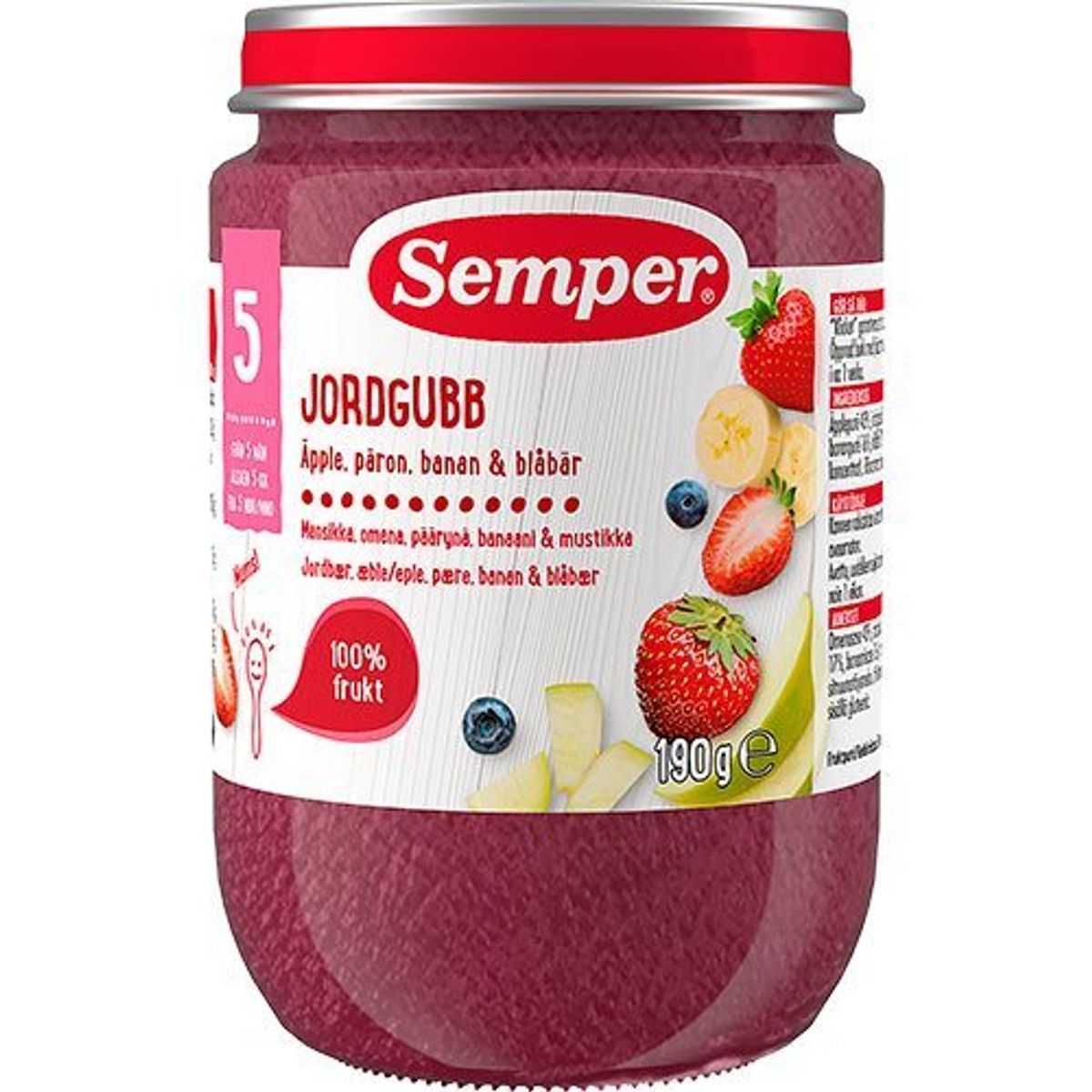 Semper Frugtpure m jordbær,æble,pære,banan & blåbær 5 mdr., 190g