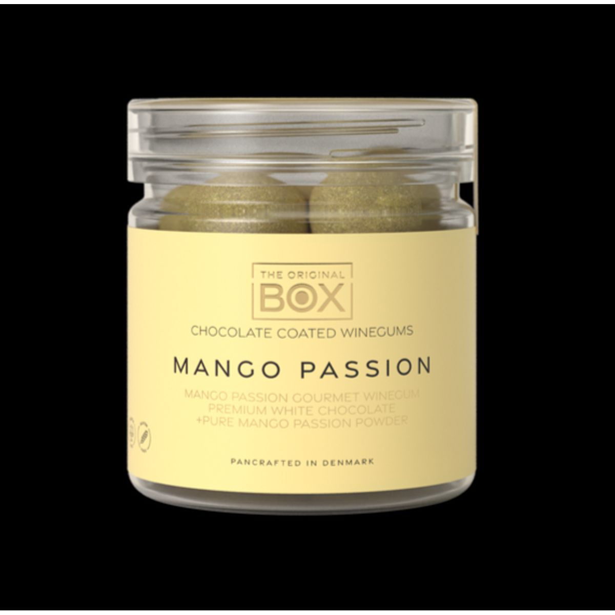 Box the Original Mango/Passion Vingummi m/chokolade og mango/passionpulver, 115g.