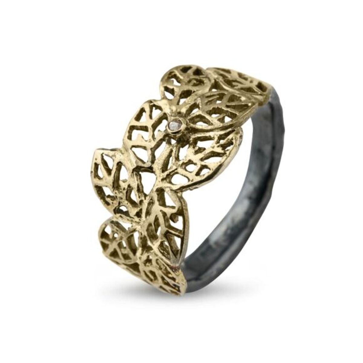 Beech Leaves Sterling Sølv Ring fra By Birdie med 18 Karat Guld og Brillanter 0,08 Carat