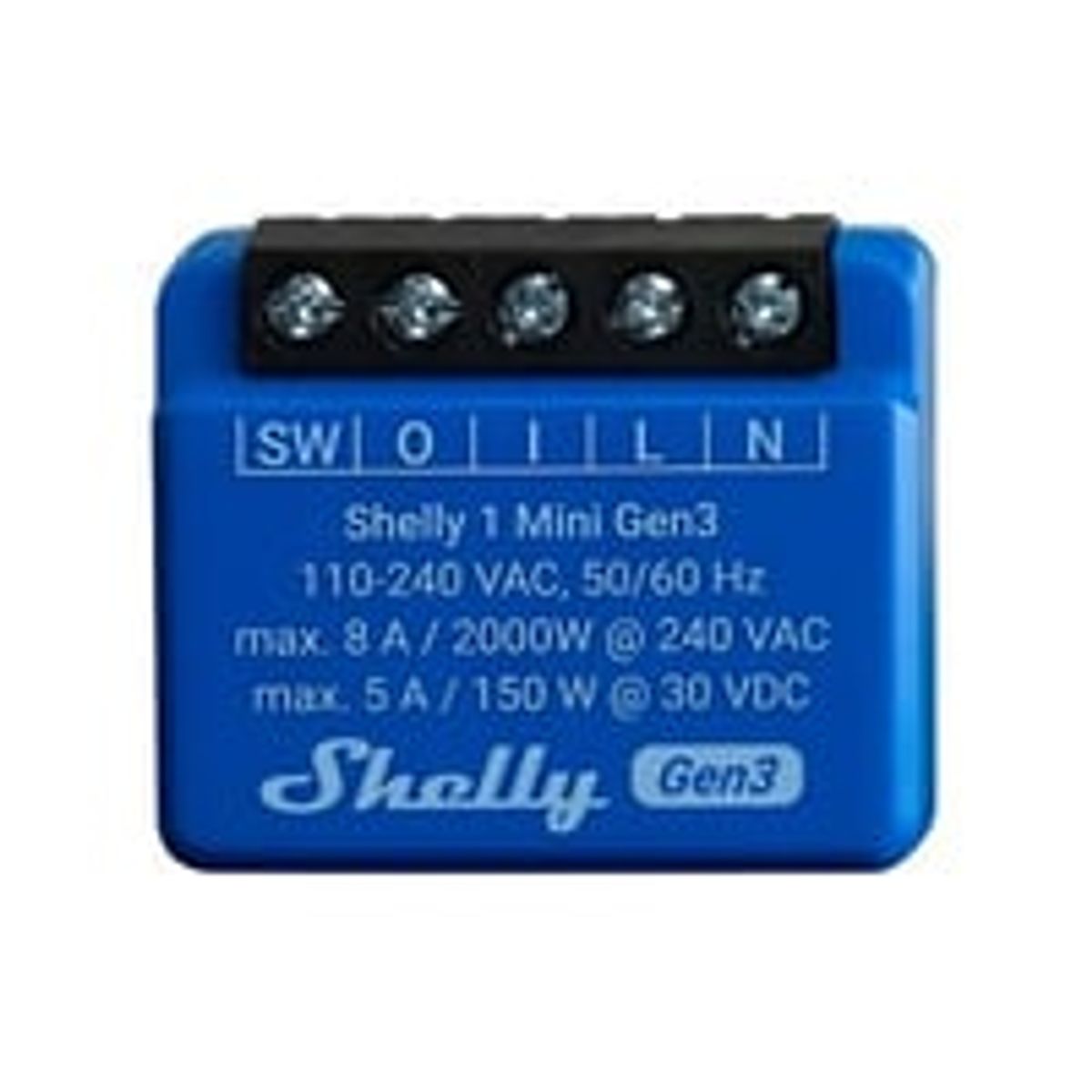 Shelly 1 Mini (GEN 3), WiFi-styret 1-kanals rel, 8A, potentialfrit kontaktst