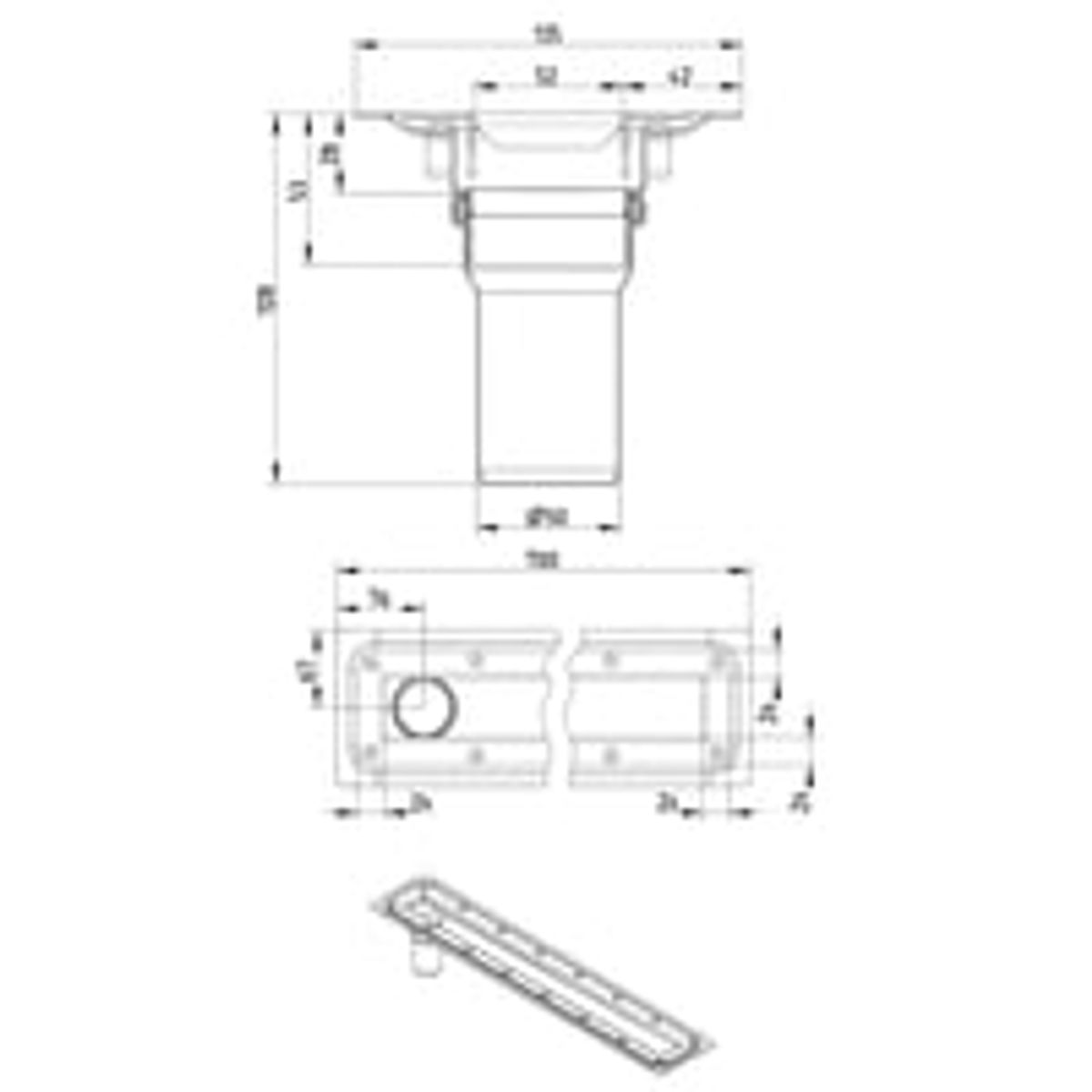 Blcher Waterline aflbsrende, 700 mm, til vinyl, 50 mm, lodret aflb, rustfrit stl