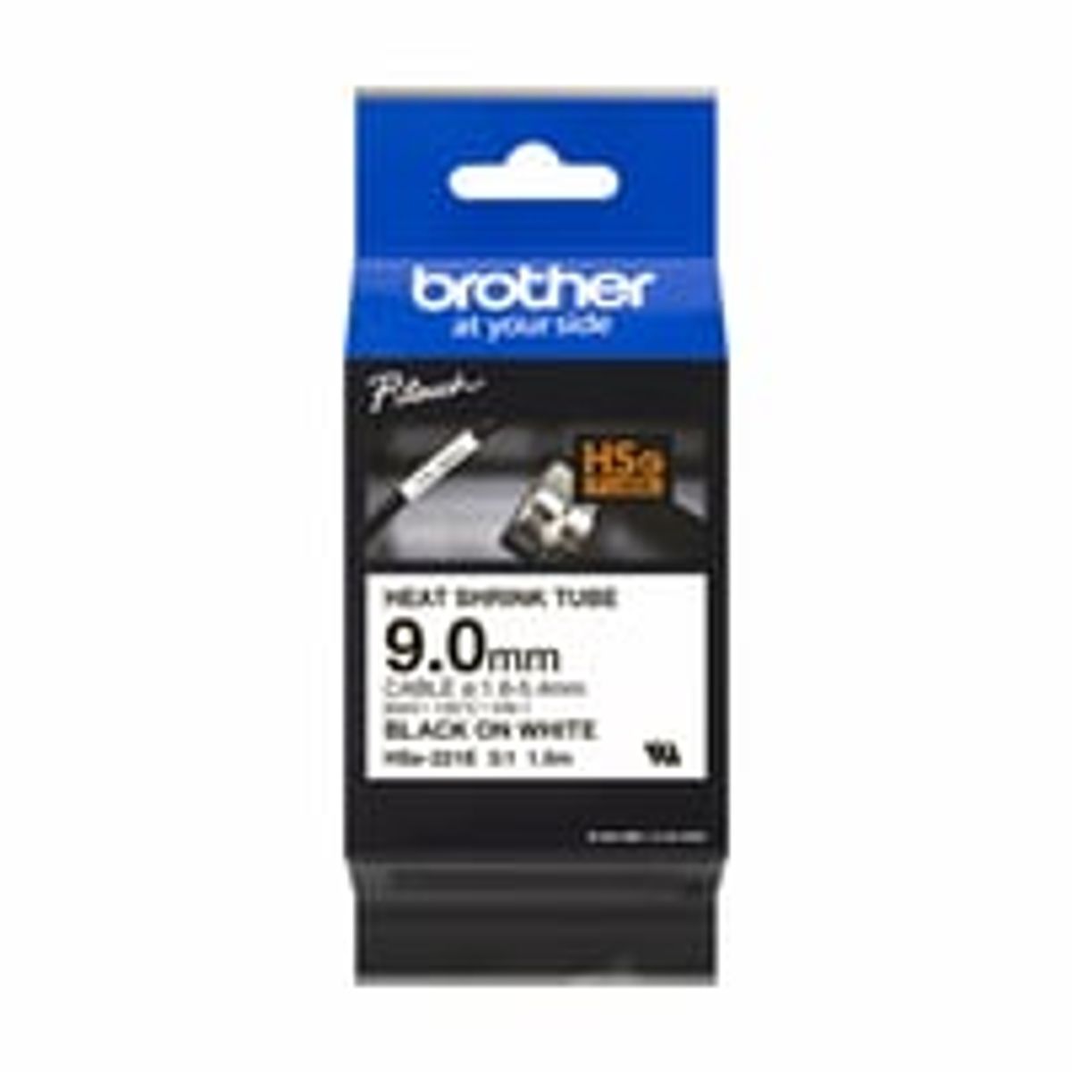 Brother krympeflextape HSe221E, sort/hvid, 9,0 mm, til 1,6-5,4 mm kabler