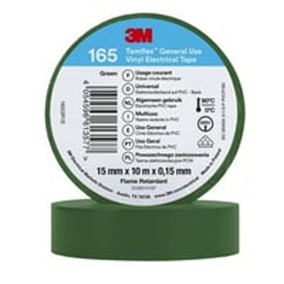 Isoleringstape, grn, 15 mm x 10 meter, 3M Temflex Vinyltape