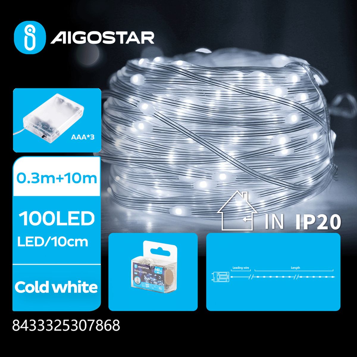 3AA Batteri PVC Lyskæde - Kold Hvid - 0,3M+10M - 100LED - 10 cm/LED - Gennemsigtig Ledning - Til/Fra/Blink