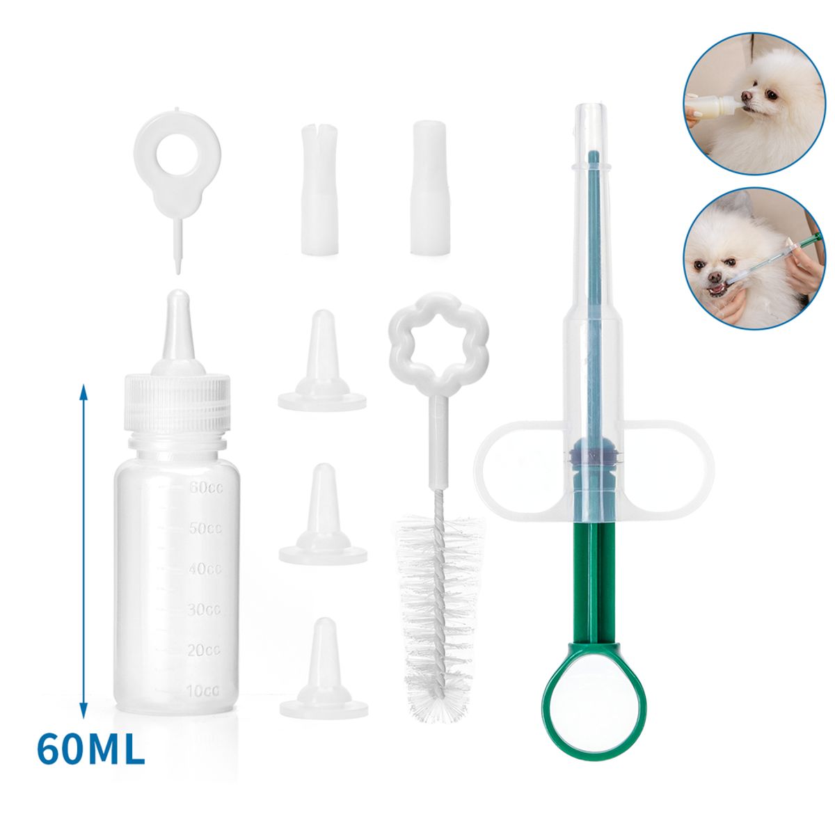 Fodringsæt til Kæledyr - 60ml: Flaske, Medicinfordeler & 3 Sutter, Hvid/Grøn