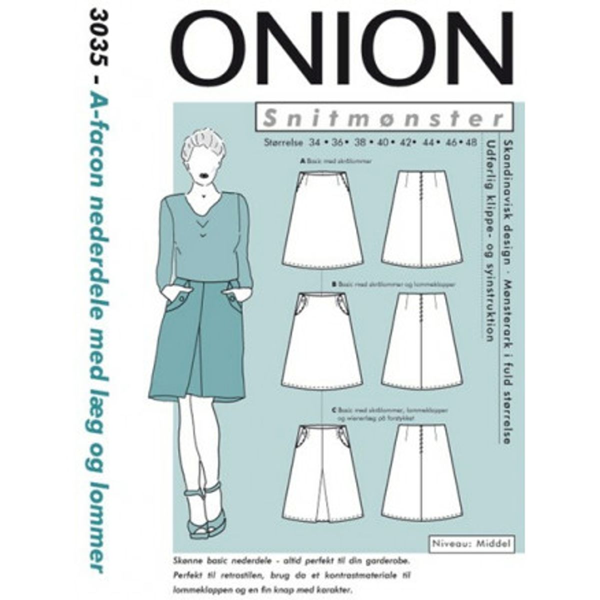 ONION Snitmønster 3035 A-Facon Nederdel med Læg & Lommer Str. 34-48