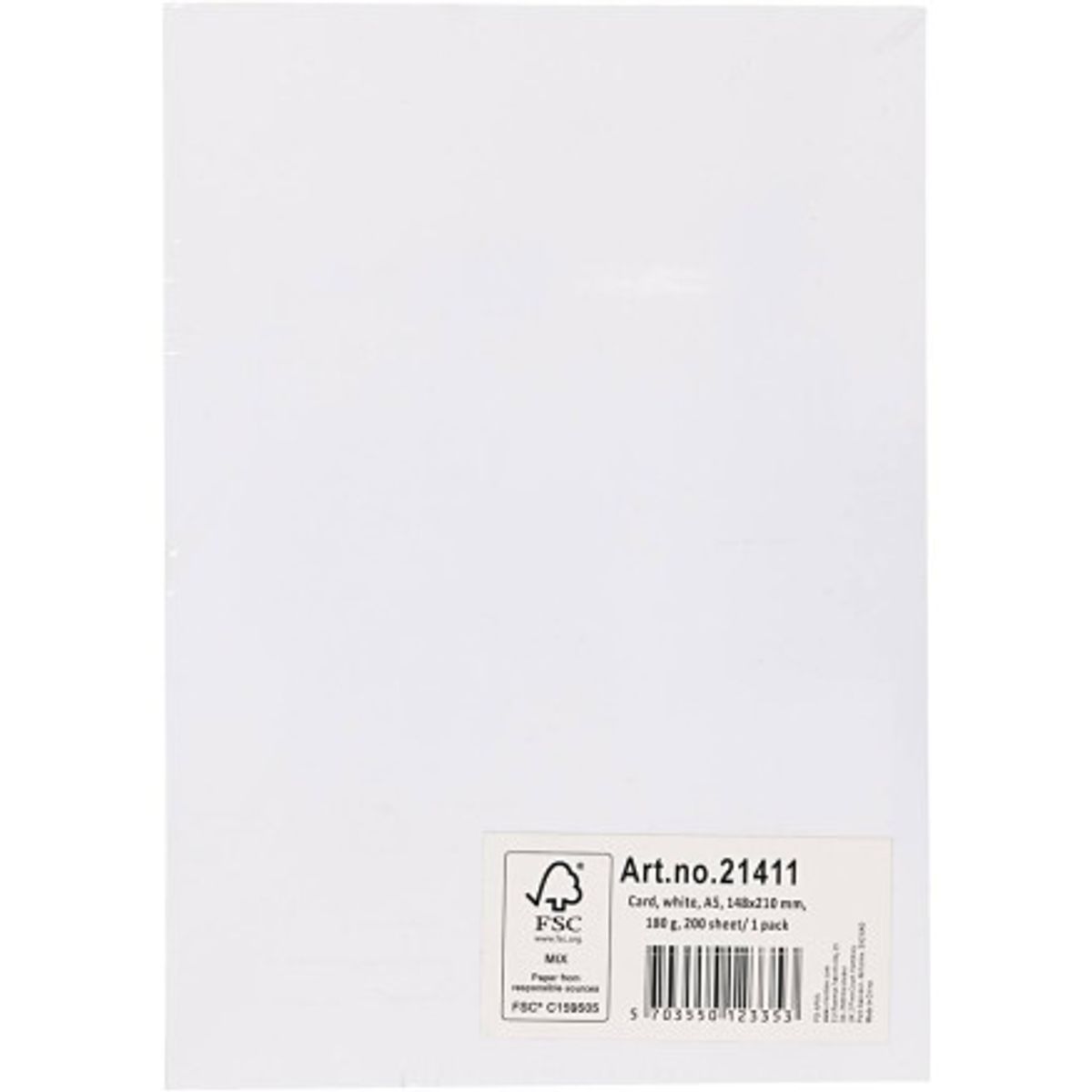 Karton, A5, ark 148x210 mm, 180 g, hvid, 200ark/ 1 pk.