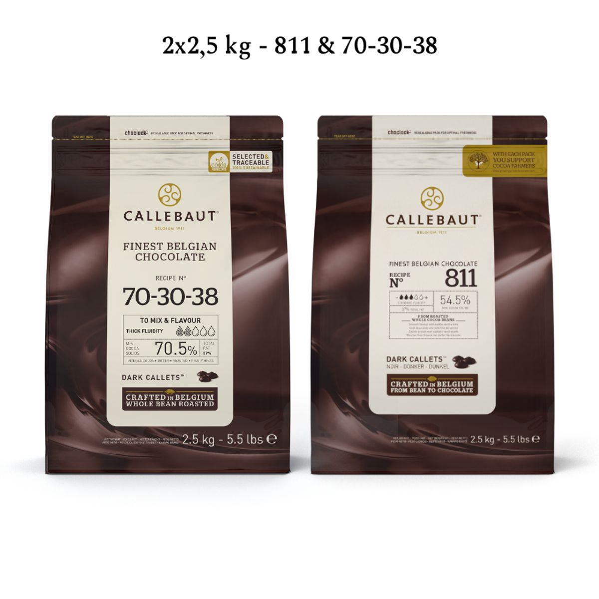 Callebaut Chokolade Callets pakke 2x2,5 kg - mørk 811 og ekstra mørk 70-30-38