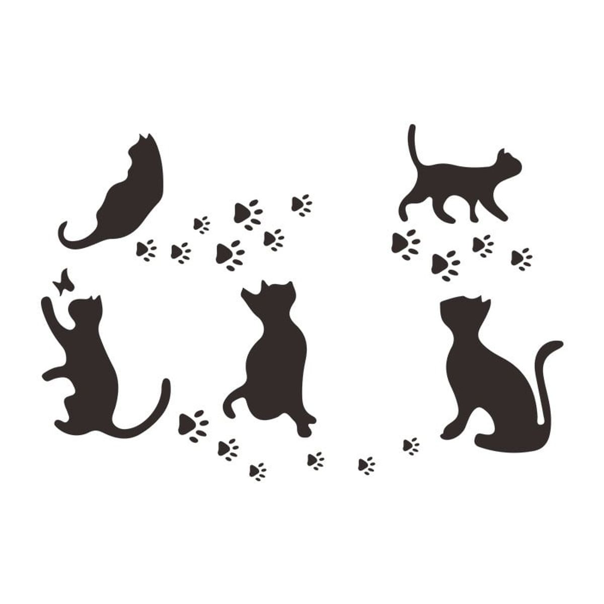 Katte wallsticker. 5 søde katte i silhuet der laver fodspor på din væg.