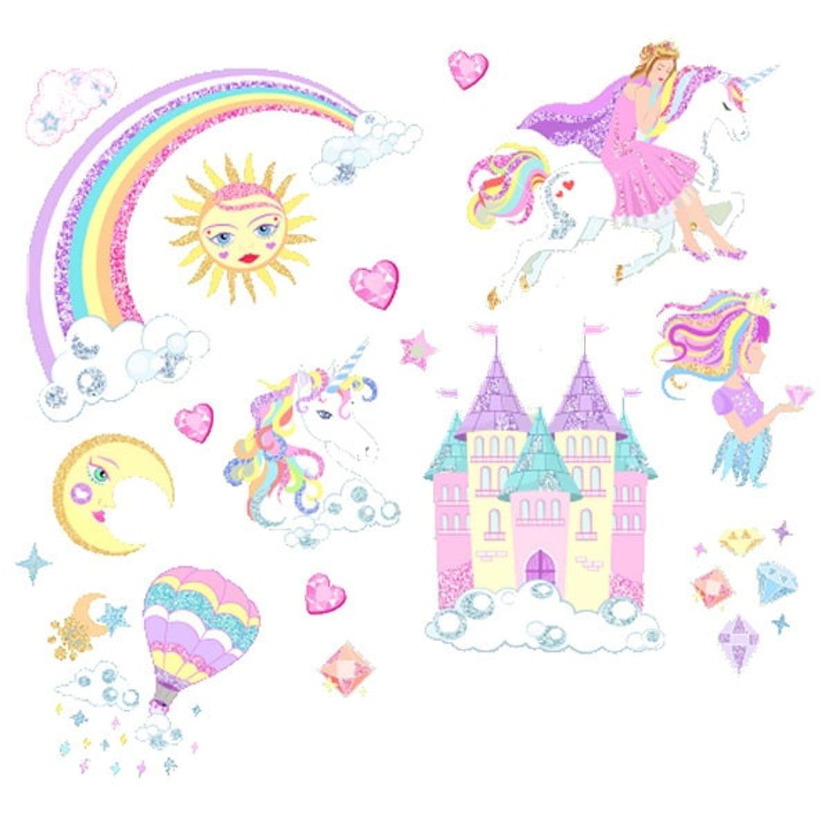 Glitter wallsticker med prinsesser, enhjørninger, regnbue mm.