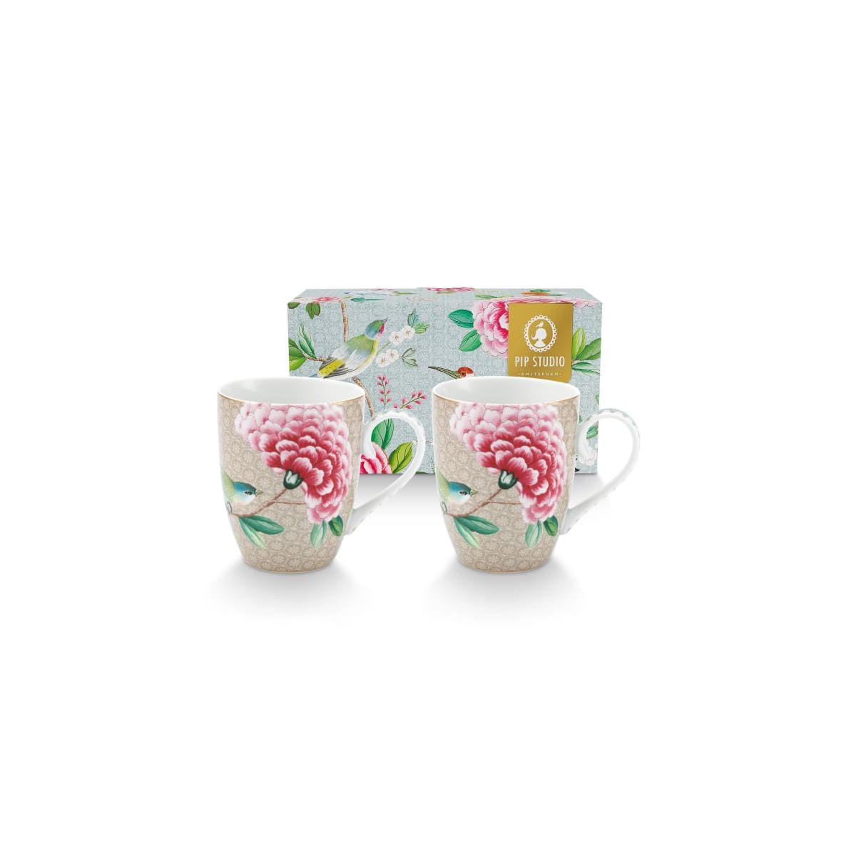 Set/2 Mugs Large Blushing Birds Khaki 350ml