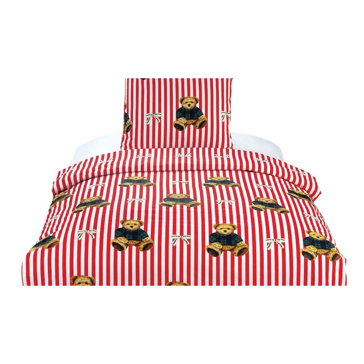 Essenza Sengetøj Stripe Bear Red - 140 x 200 + 60 x 63