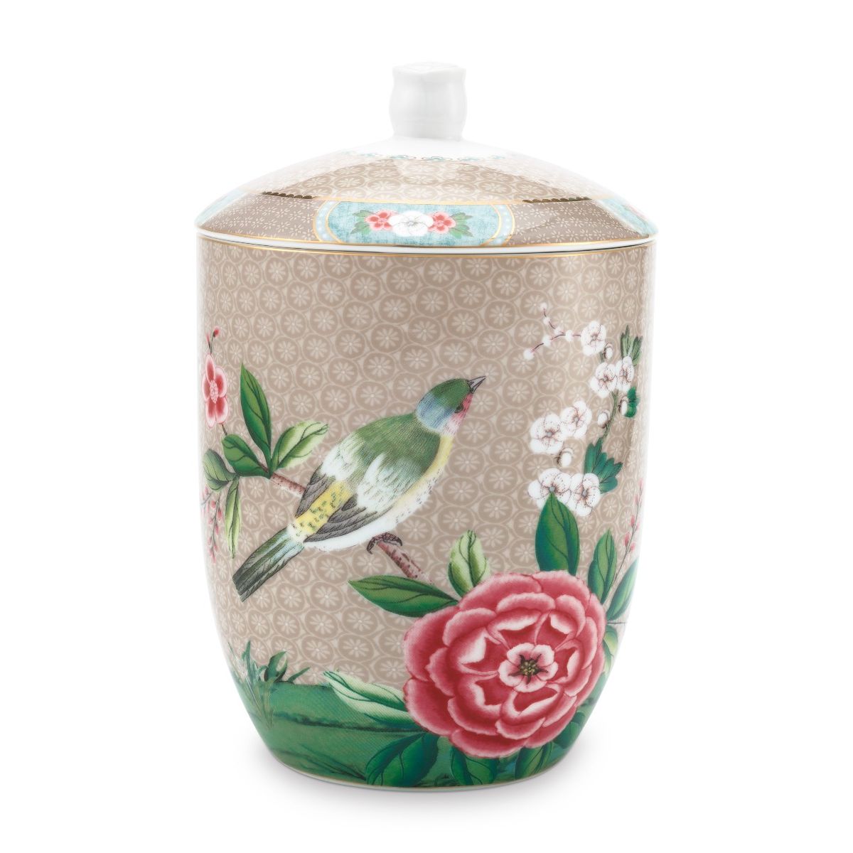 Pip Studio porcelæn Blushing Birds stor krukke M/låg Khaki 1.5 ltr