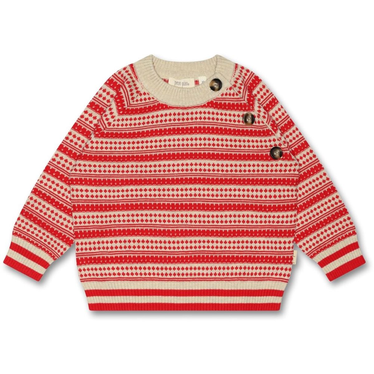 O-Neck Light Nordic Knit Sweater - Off White/ Bright Red - 110