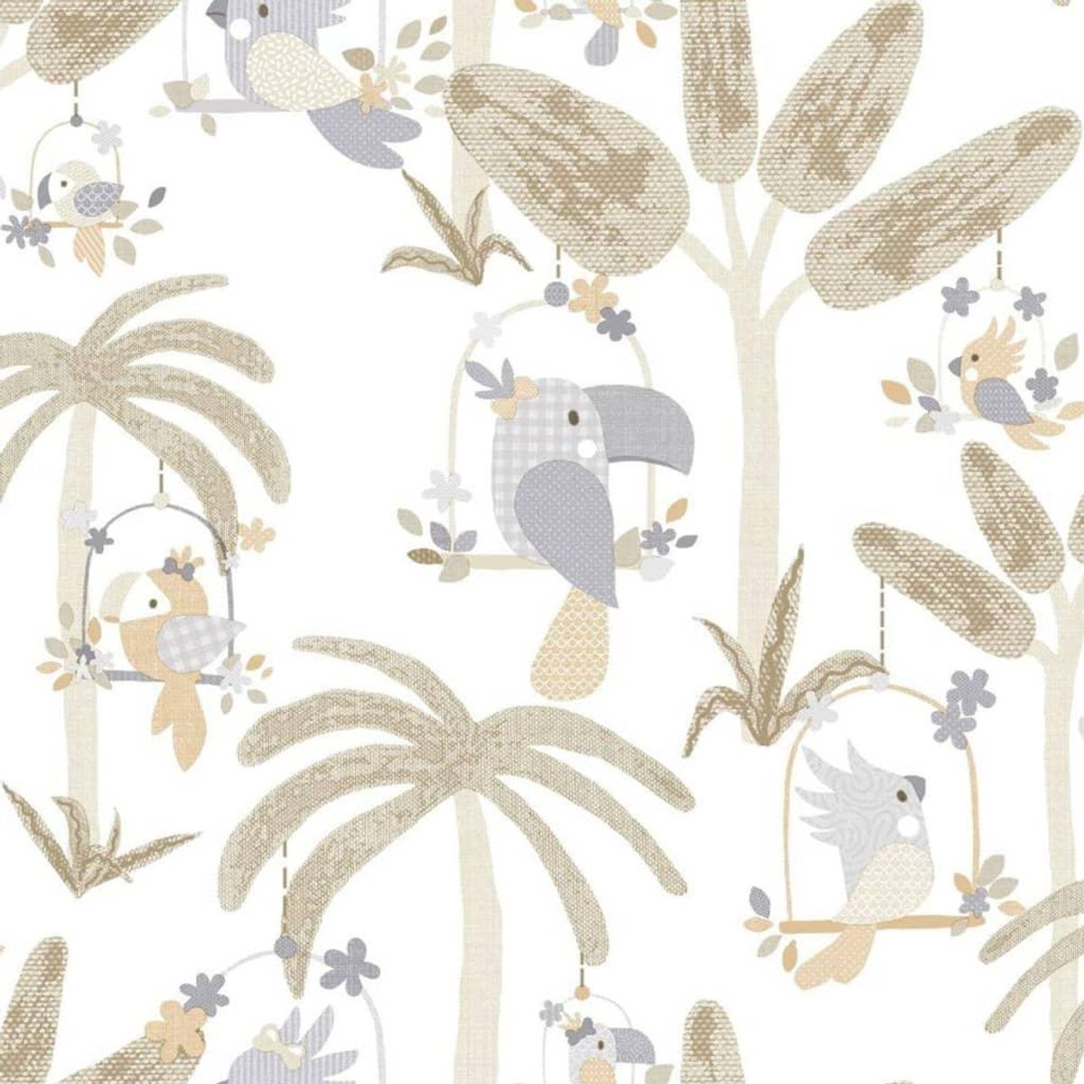 Noordwand tapet Mondo Baby Animals Birds Trees hvid og beige