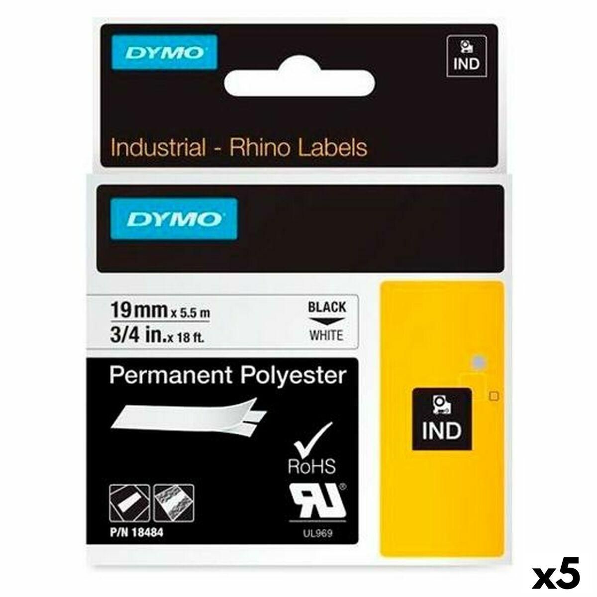 Lamineret tape til mærkningsmaskiner Rhino Dymo ID1-19 19 x 5,5 mm Sort Polyester Hvid Auto selvklæbende (5 enheder)