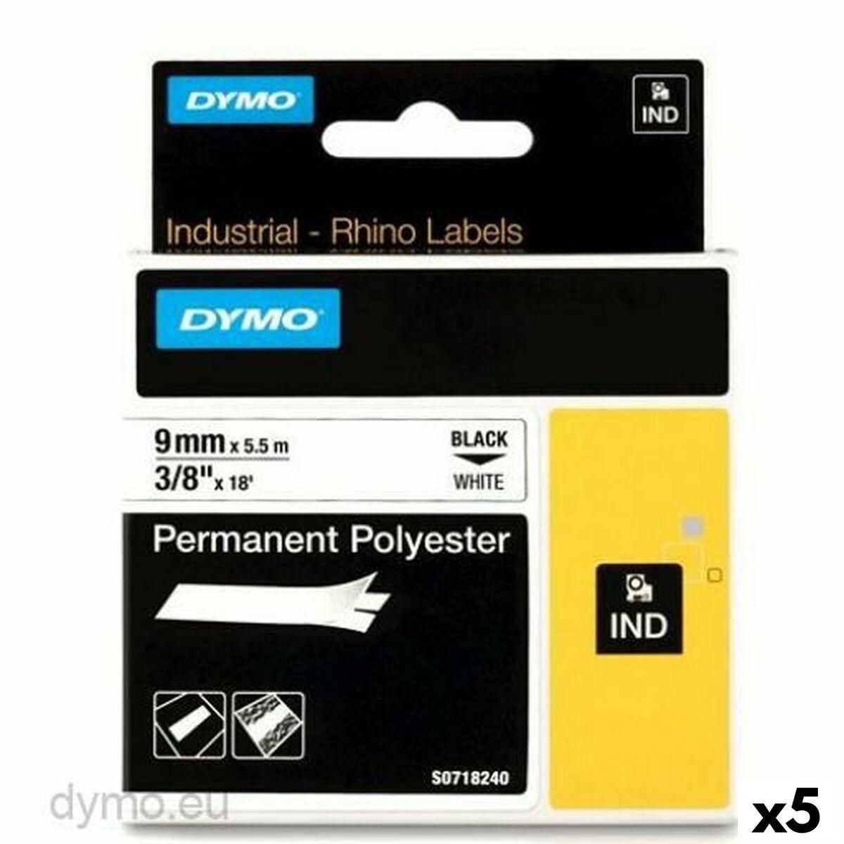 Lamineret tape til mærkningsmaskiner Rhino Dymo ID1-9 9 x 5,5 mm Sort Polyester Hvid (5 enheder)