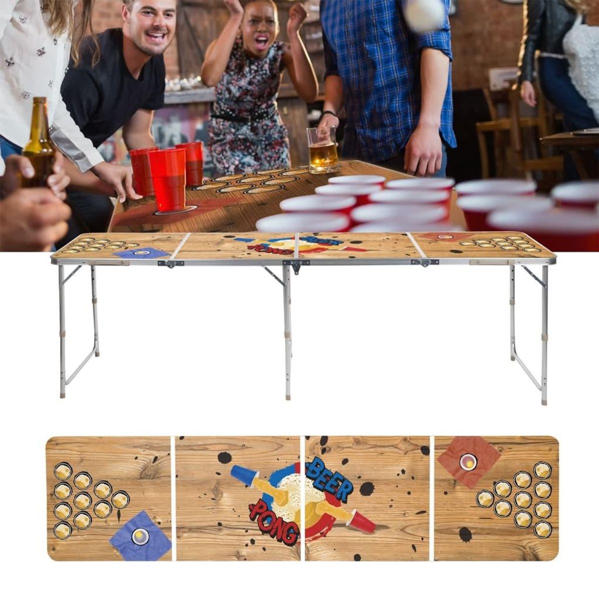 foldbart beer pong-bord 240x60x55 MDF og aluminium