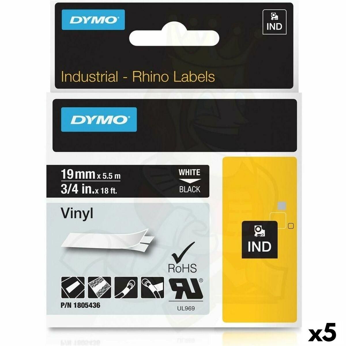 Lamineret tape til mærkningsmaskiner Rhino Dymo ID1-19 19 x 5,5 mm Sort Polyester Hvid Auto selvklæbende (5 enheder)