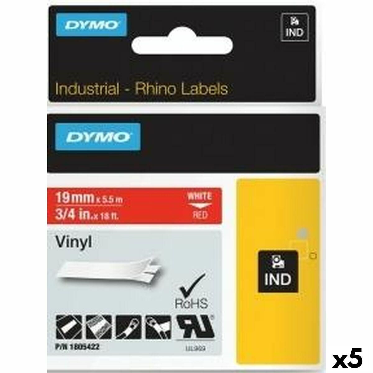 Lamineret tape til mærkningsmaskiner Rhino Dymo ID1-19 19 x 5,5 mm Rød Hvid Lim Auto selvklæbende (5 enheder)