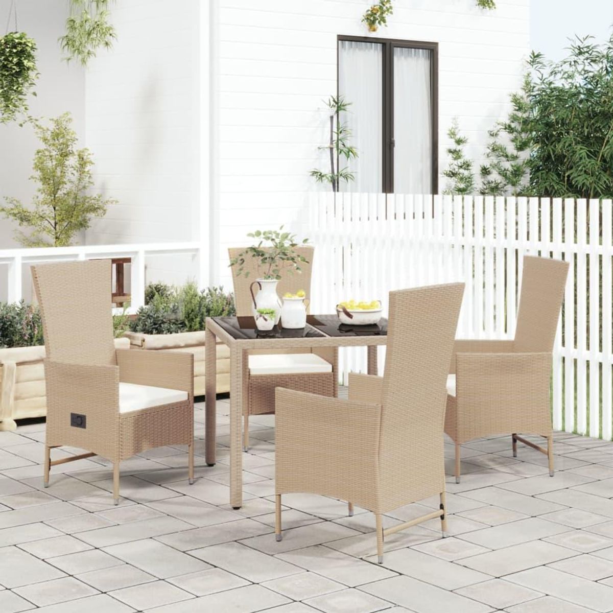 Spisebordssæt til haven 5 dele med hynder polyrattan beige