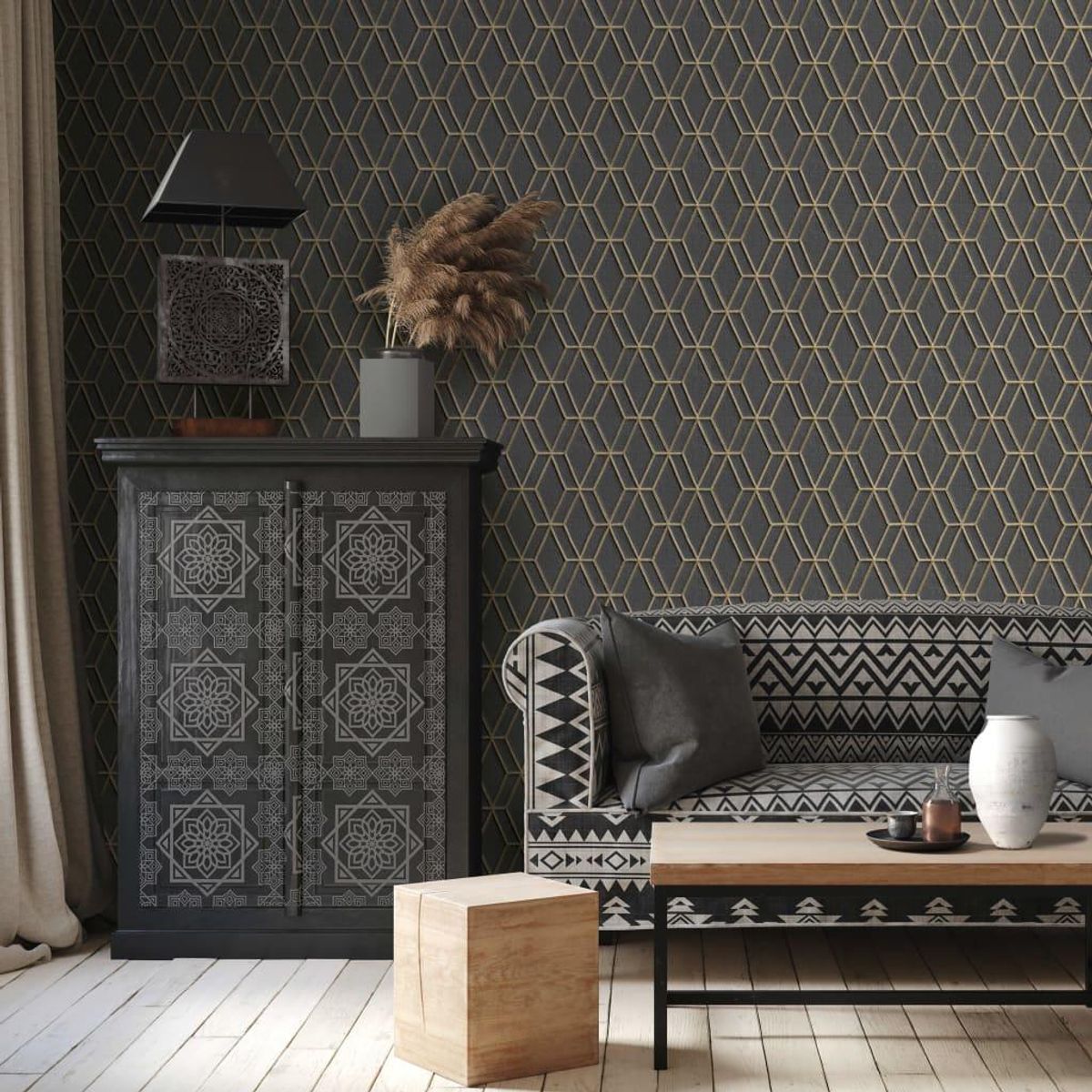 DUTCH WALLCOVERINGS tapet Hexagonal sort og guldfarvet