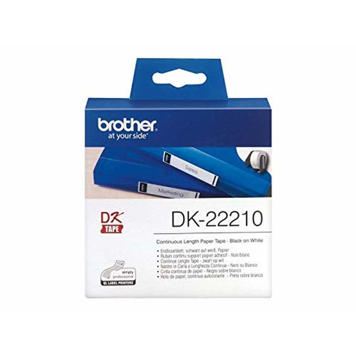 Papir I baner til printere Brother DK22210 29 x 30,48 mm Hvid Sort 80 g/m² (1 enheder)